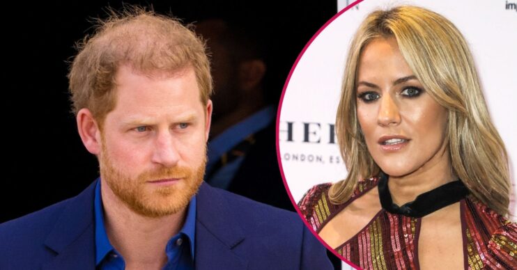 ED composite of Prince Harry with serious expression and Caroline Flack at event