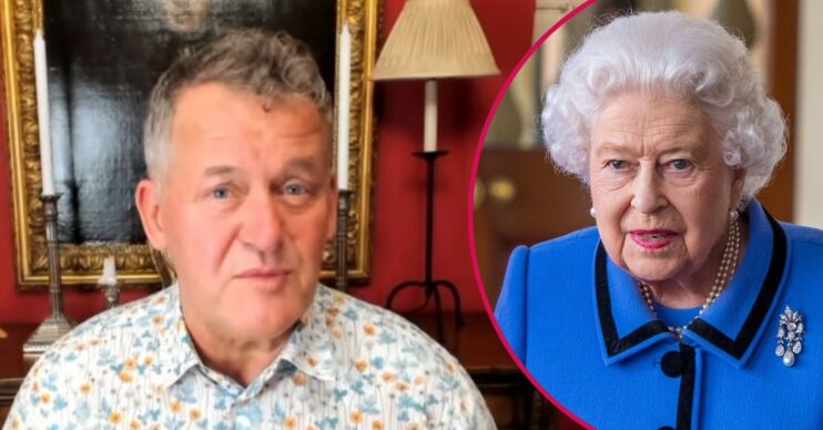 ED composite of Queen Elizabeth in blue and Paul Burrell speaking on I'm A Celebrity... Unpacked