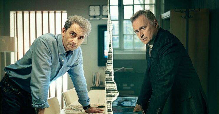 A photo showing David Tennant as Nick Davies, opposite Robert Carlyle as Dave Cook. The photo appears to be torn down the middle.
