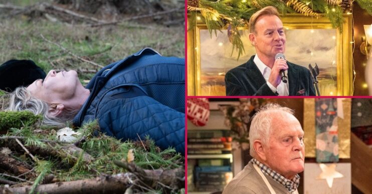 Kim Tate unconscious in Emmerdale with Jason Donovan singing and Eric Pollard looking stressed (Credit: ITV/Comp ED!)