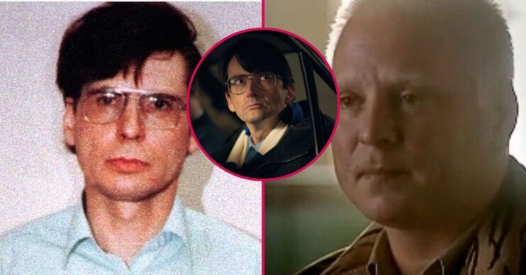 A mugshot of Dennis Nilsen with a circle image of David Tennant in costume and character as Nilsen in Des, and a screenshot of Carl Stotter from the documentary