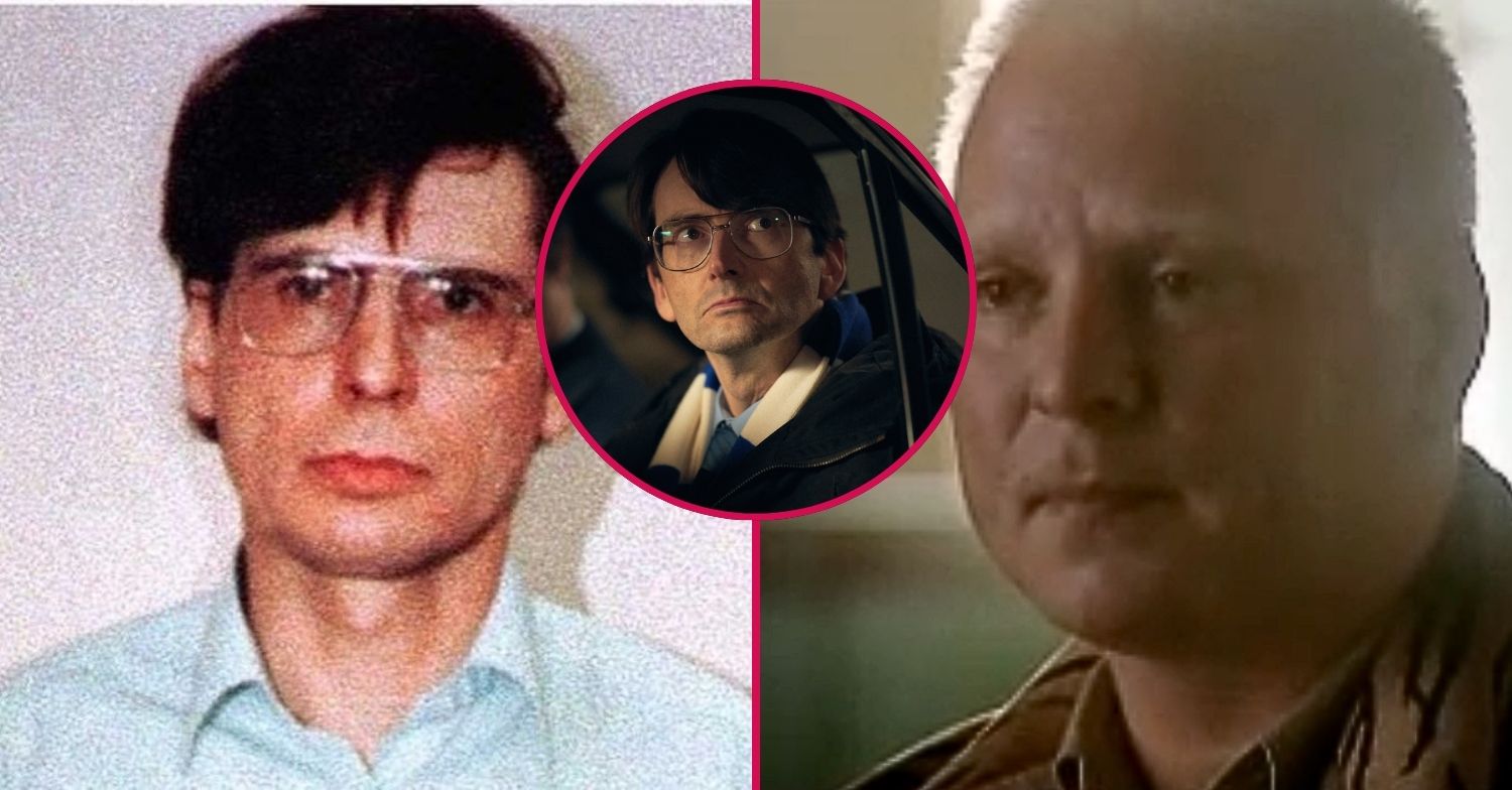 A mugshot of Dennis Nilsen with a circle image of David Tennant in costume and character as Nilsen in Des, and a screenshot of Carl Stotter from the documentary