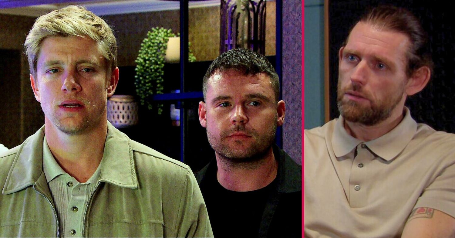 Robert, Aaron and Kev in Emmerdale all looking stressed (Credit: ITV/Comp ED!)