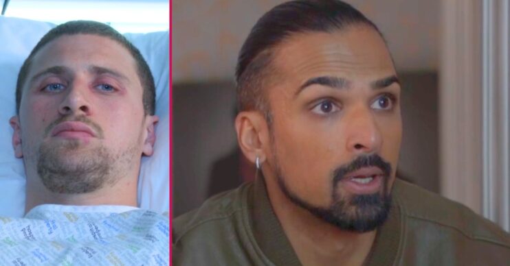 Ravi looks shocked on EastEnders; inset, Harry in hospital (Credit: BBC/Composite: ED!)