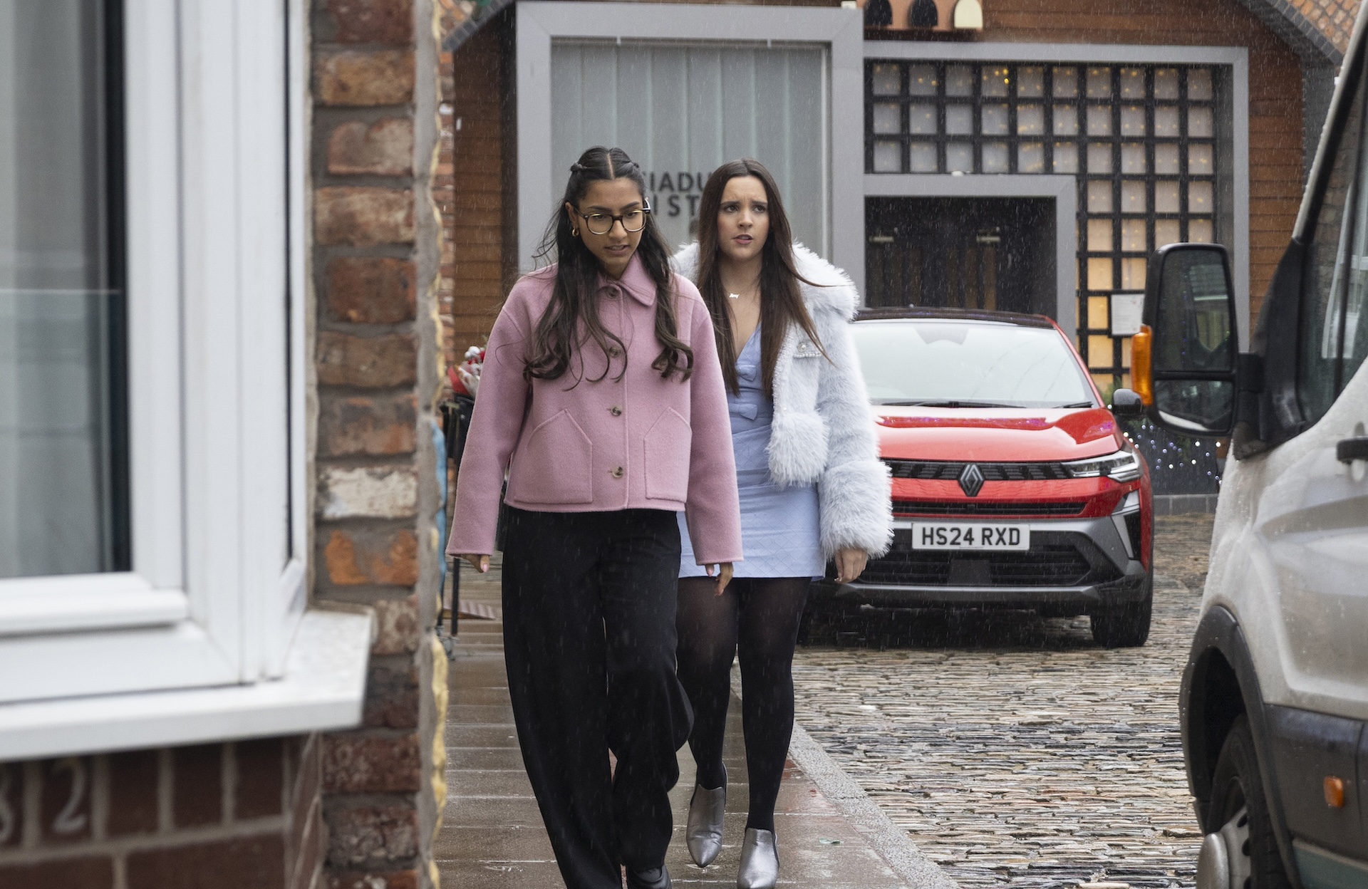 Coronation Street's Amy and Asha head for the minibus 