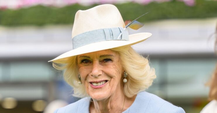 Queen Camilla smiling in blue outfit and hat at Royal Ascot