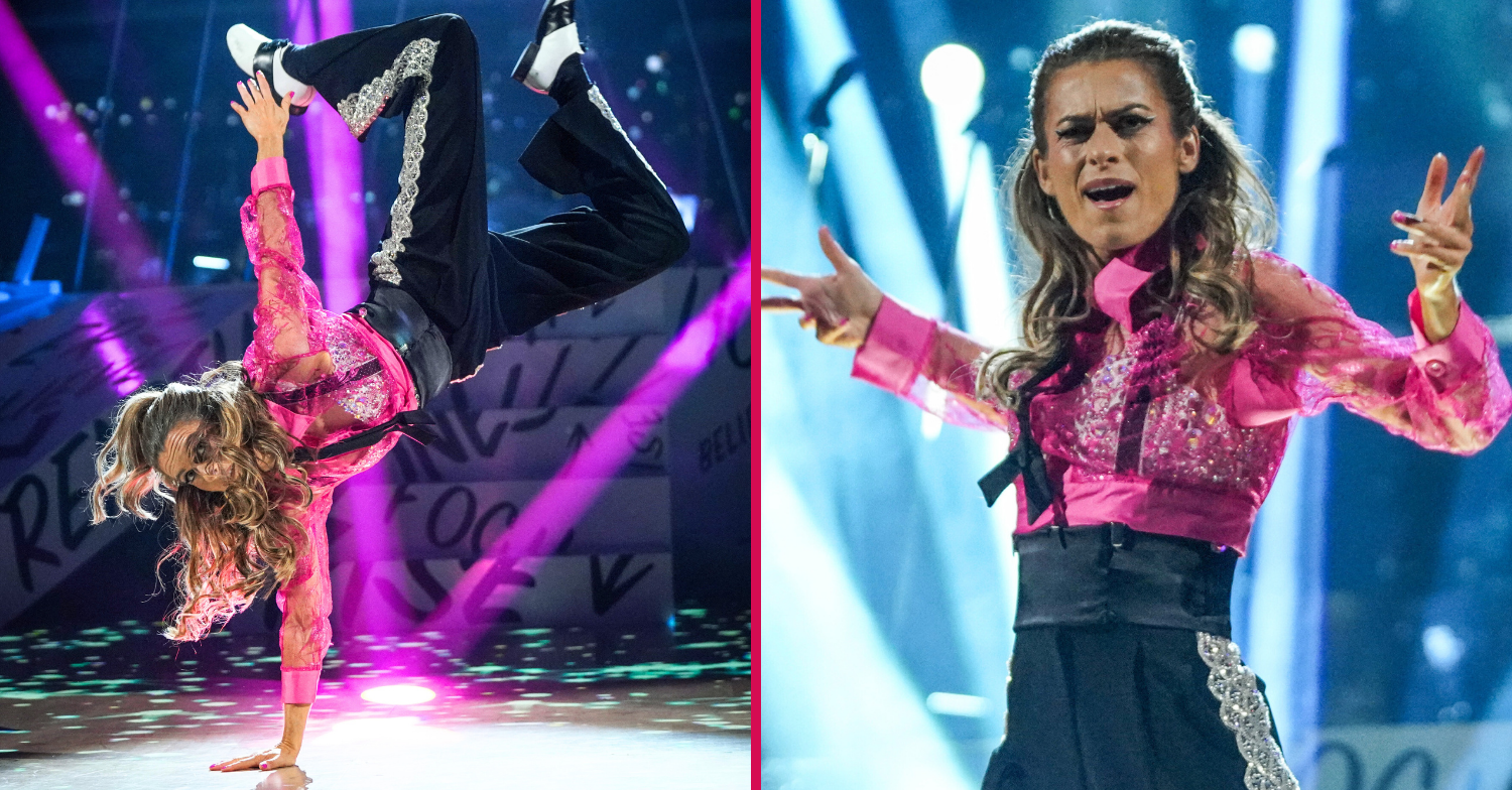 Karen Carney dancing on Strictly wearing pink