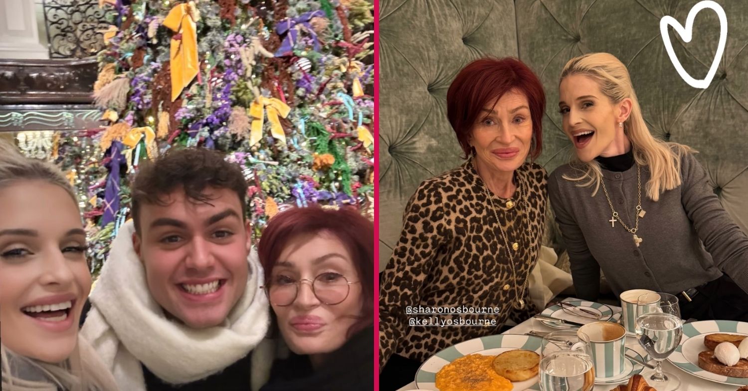 Split screen showing Bradley Riches, Sharon, and Kelly Osbourne in front of a Christmas tree on the left and Sharon and Kelly in a restaurant on the right