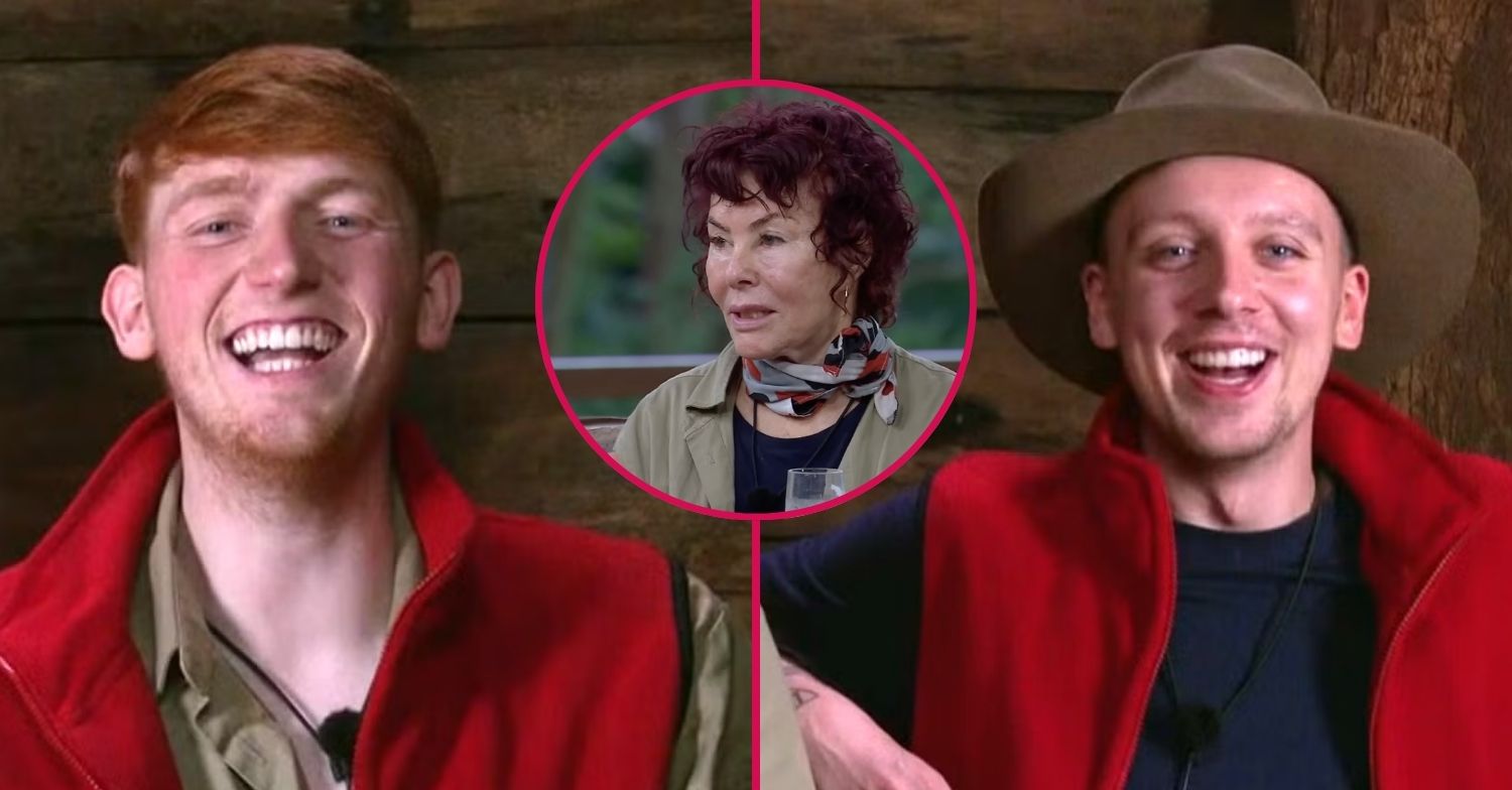 Angry Ginge and Aitch smiling with an Image of Ruby Wax between them