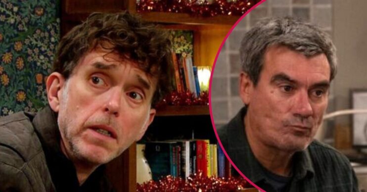 Marlon and Cain look worried in Emmerdale (Credit: ITV/Comp ED!)