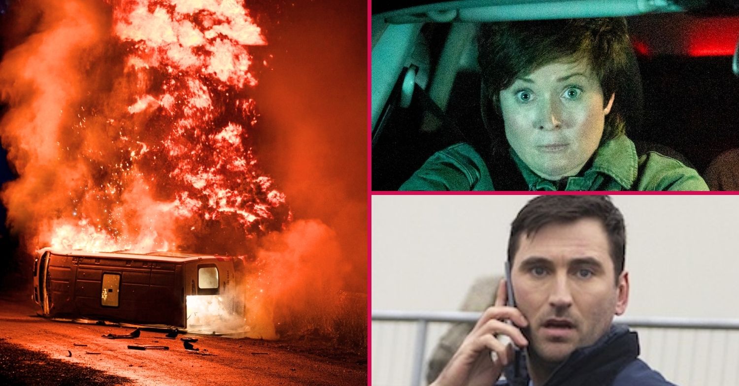 Composite image of Coronation Street spoilers; an explosion, and Becky and Kit look shocked (Credit: ITV/Composite: ED!)