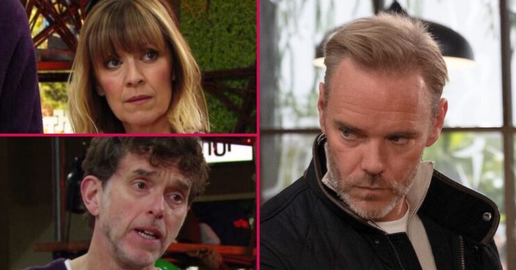 Rhona, Marlon and Ray looking tense in Emmerdale (Credit: ITV/Comp ED!)