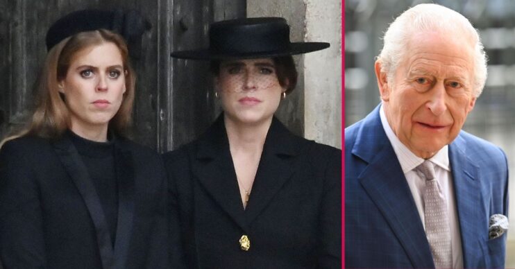 ED composite of Princess Beatrice and Eugenie at Queen's funeral and King Charles in blue suit