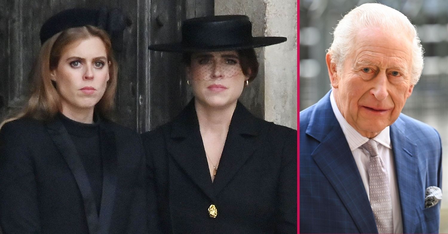 ED composite of Princess Beatrice and Eugenie at Queen's funeral and King Charles in blue suit