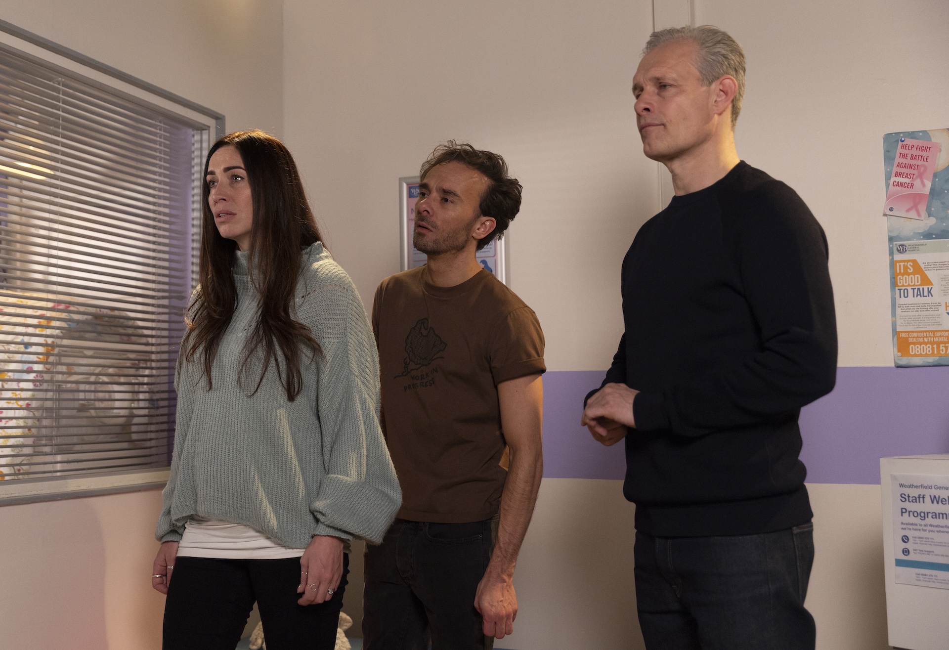 Shona, David and Nick worried at the hospital