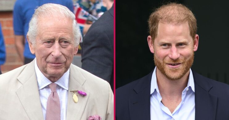 ED composite of King Charles in beige suit and Prince Harry in blazer, smiling
