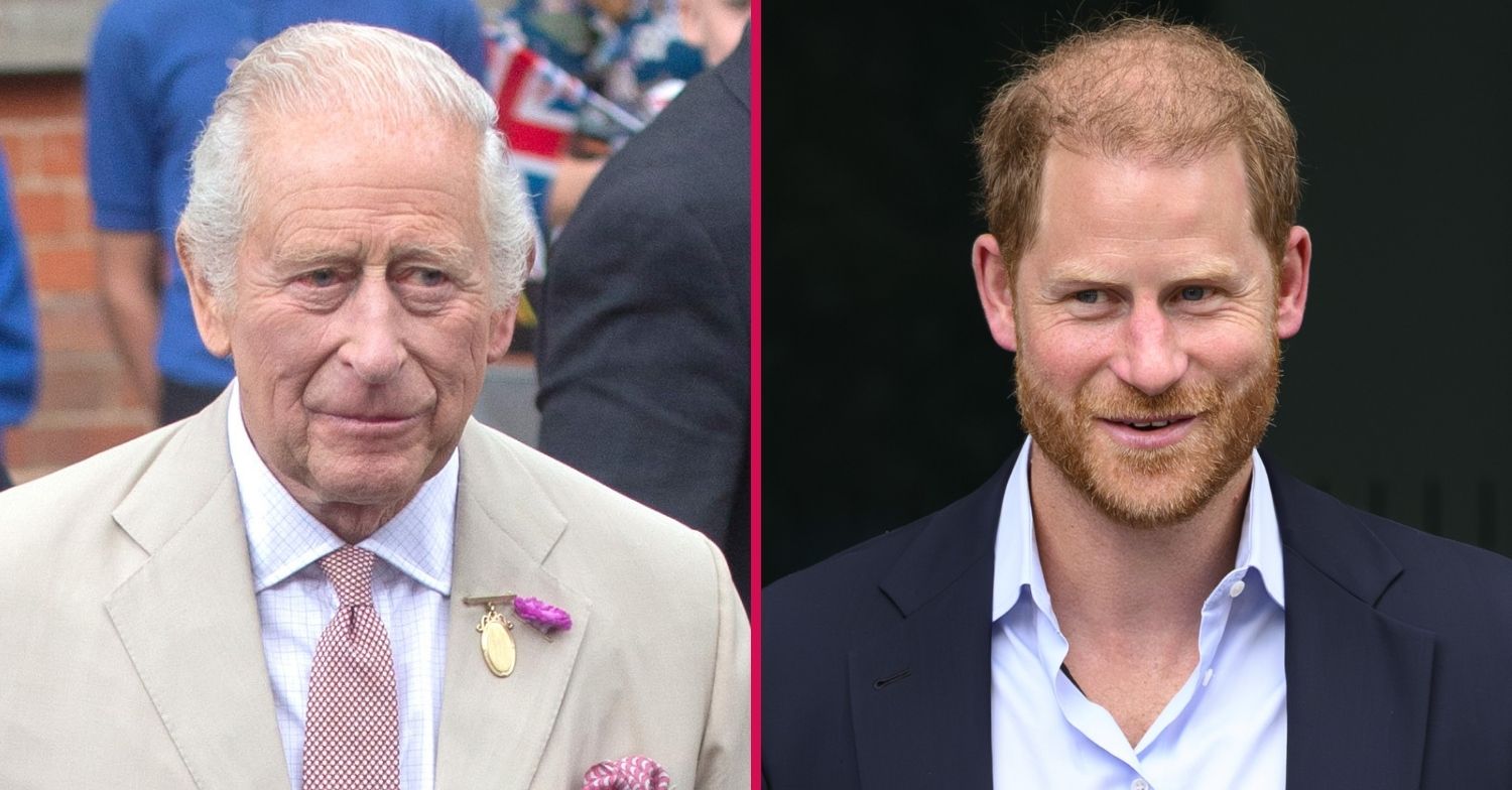 ED composite of King Charles in beige suit and Prince Harry in blazer, smiling