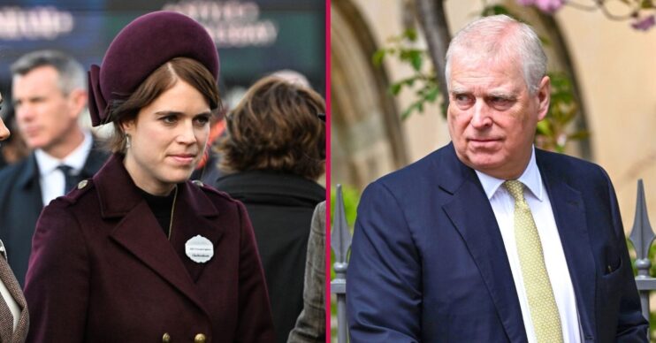 Princess Eugenie frowning beside an image of Prince Andrew frowning
