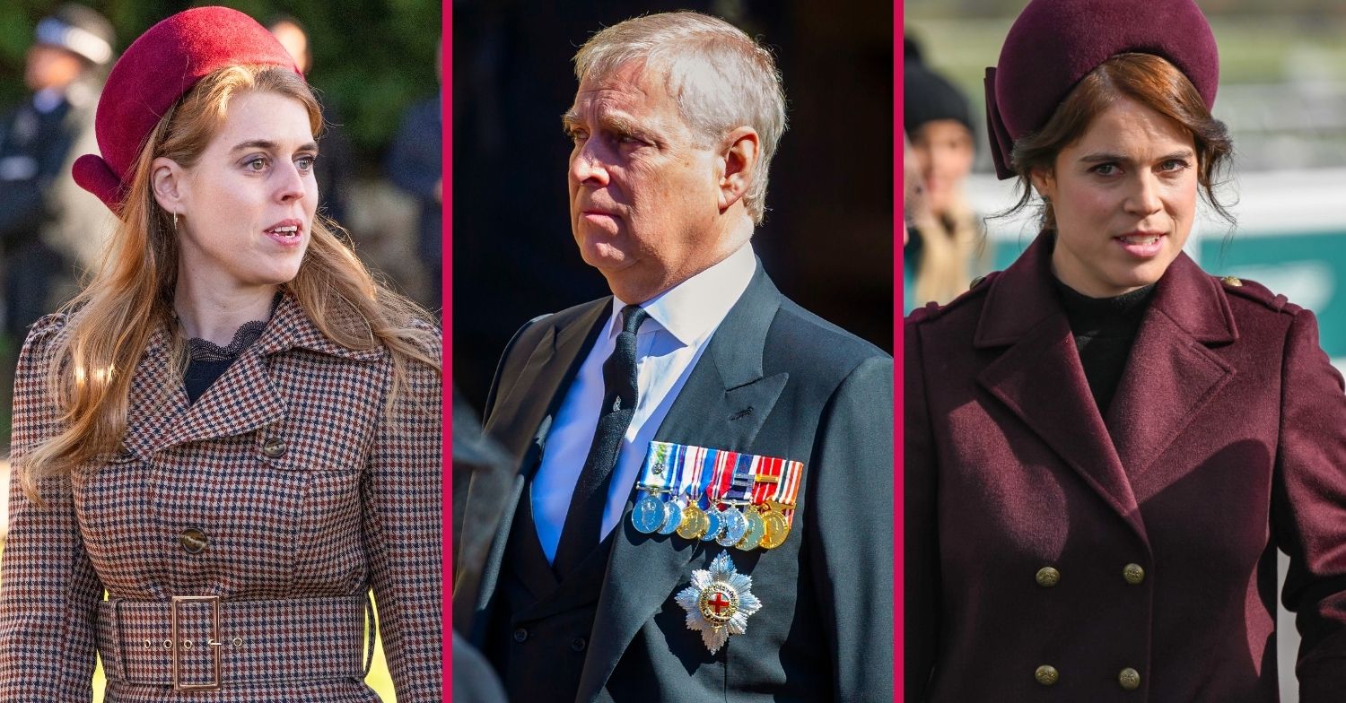 Princess Beatrice, Andrew Moutnbatten-Windsor, Princess Eugenie all with serious expressions