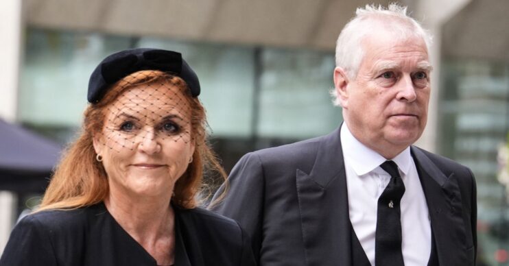 Sarah Ferguson smiling beside a frowning Andrew Mountbatten-Windsor