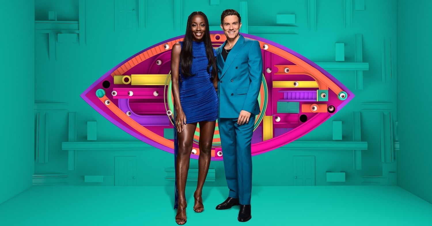 AJ Odudu and Will Best smiling in front of Big Brother logo
