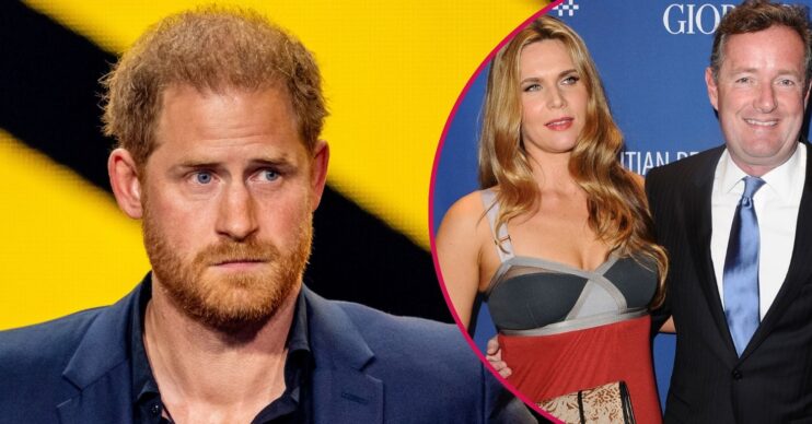 Prince Harry frowning beside an image of Celia Walden and Piers Morgan