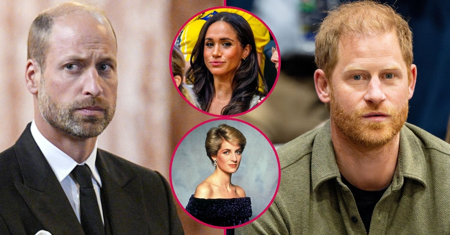 Prince William frowning, Meghan Markle pouting, a portrait of Princess Diana and Prince Harry frowning