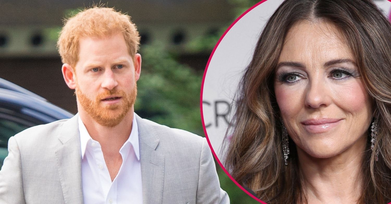 Prince Harry frowning beside Elizabeth Hurley