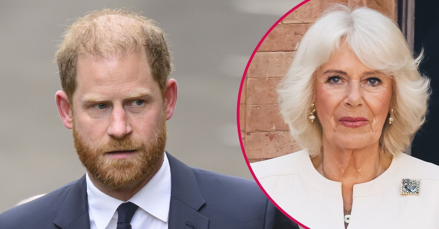 ED composite of Prince Harry in suit and Queen Camilla in Italy wearing white outfit