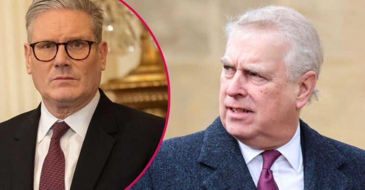 Keir Starmer frowning beside Andrew Mountbatten-Windsor turning to the side and frowning