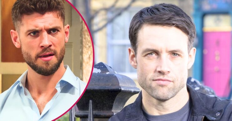 Mark Fowler Jr. in an EastEnders promo shot; inset, actor Ned Porteous as Joe Tate (Credit: BBC/ITV/Composite: ED!)