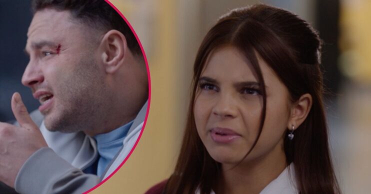 Izzy shouting and Donte with a bloody eye in Waterloo Road series 17 episode 3
