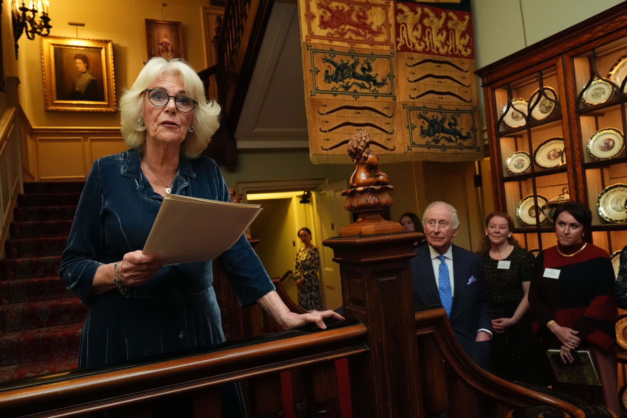 Queen Camilla giving speech during Reading Room book club reception