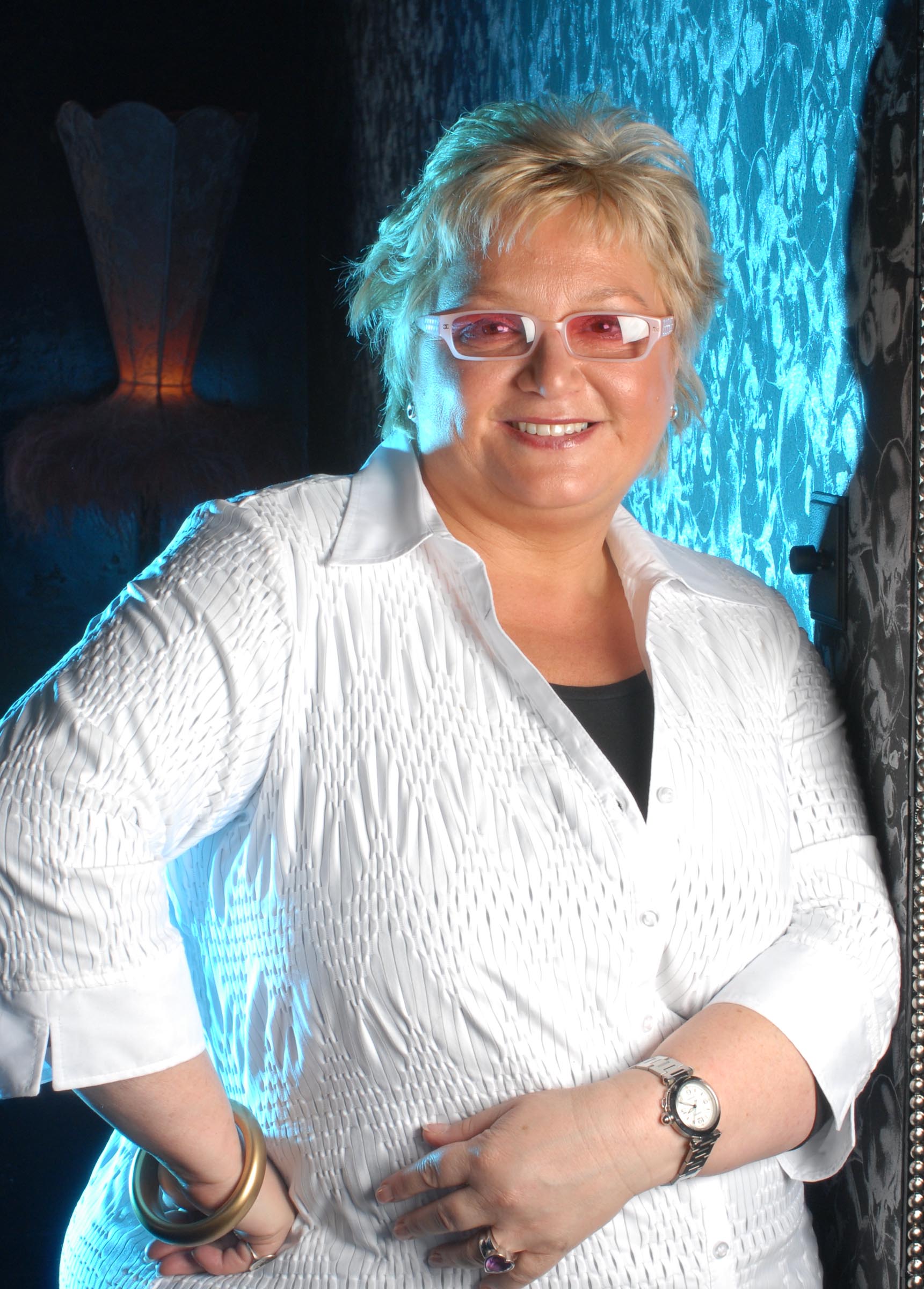 Sally Morgan in a white shirt