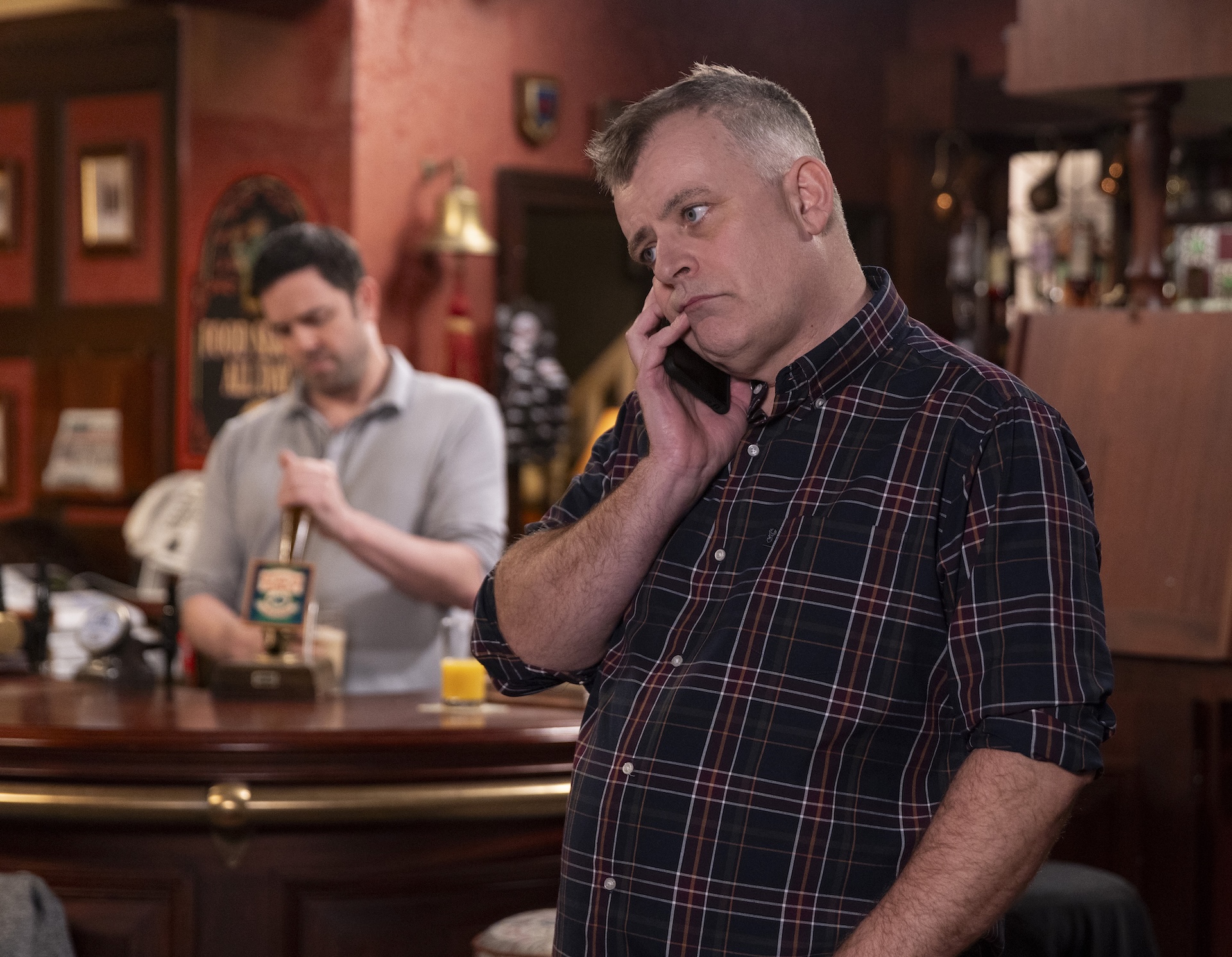 Steve on phone in Coronation Street