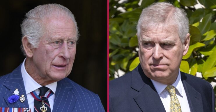 composite of King Charles and Andrew Mountbatten-Windsor with serious expressions