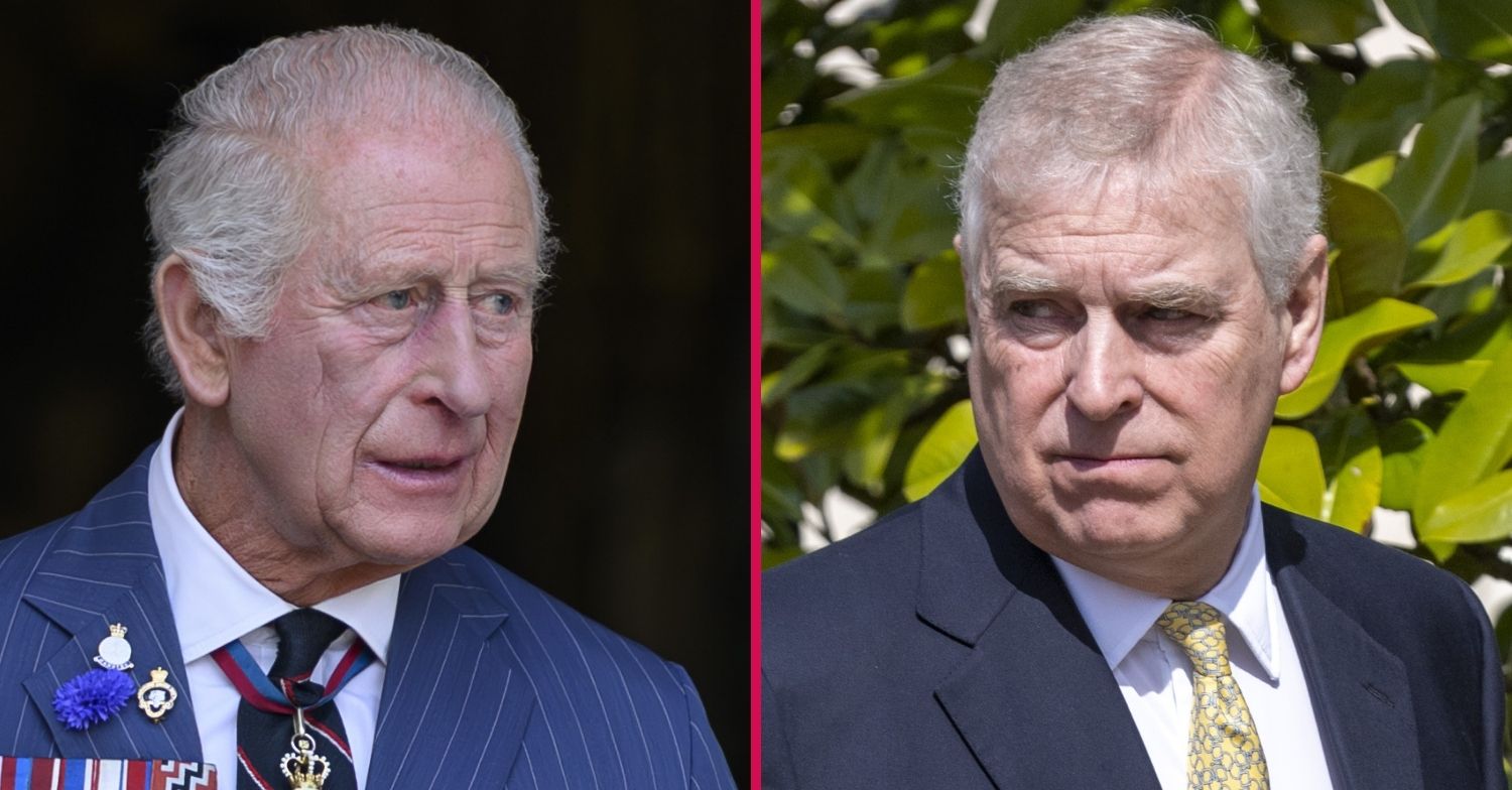 composite of King Charles and Andrew Mountbatten-Windsor with serious expressions