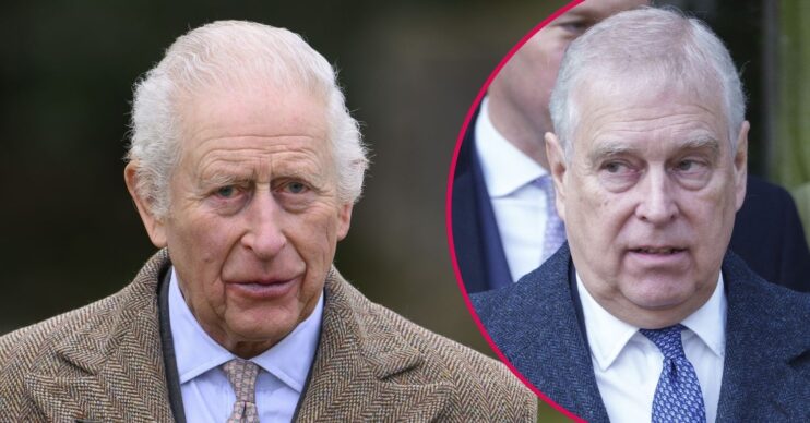 ED composite of King Charles looking concerned and Andrew Mountbatten-Windsor looking worried