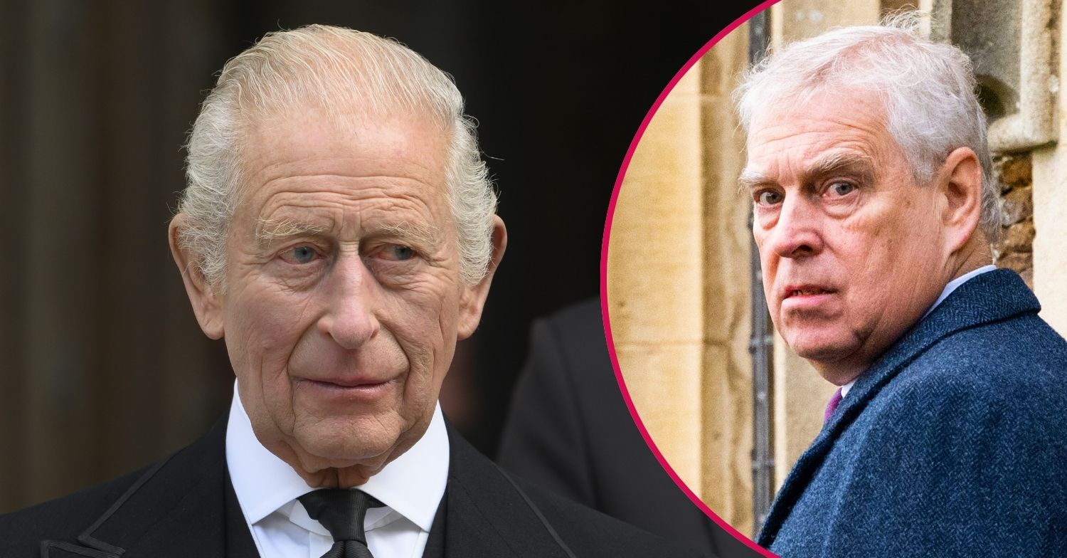 King Charles in black suit looking serious / Andrew Mountbatten-Windsor looking over his shoulder