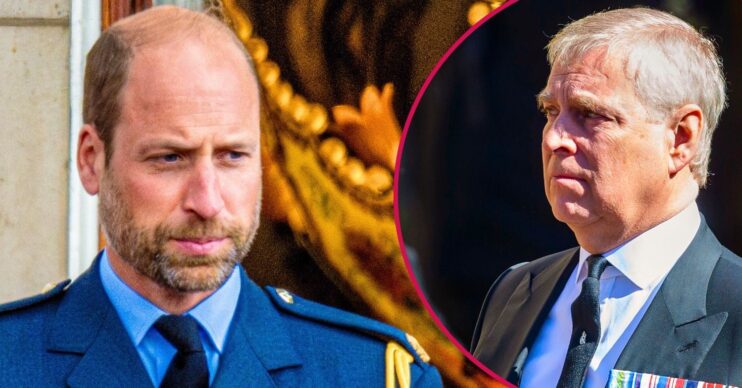 Prince William frowning beside Andrew Mountbatten-Windsor with an emotional expression