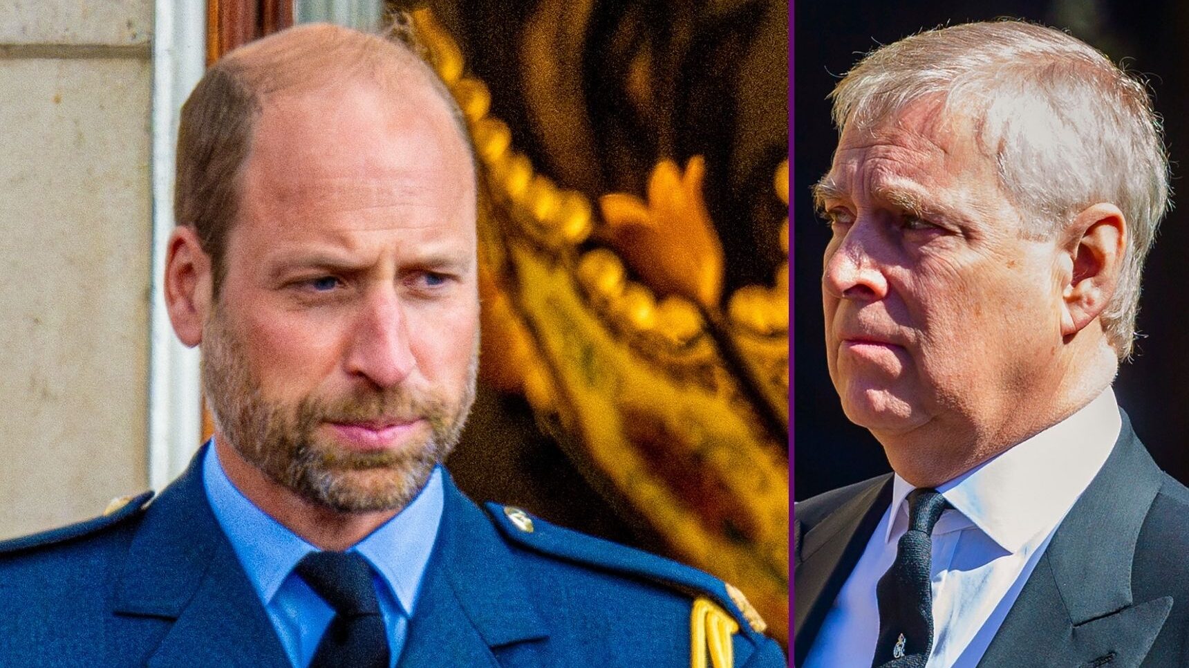 Prince William frowning beside Andrew Mountbatten-Windsor with an emotional expression