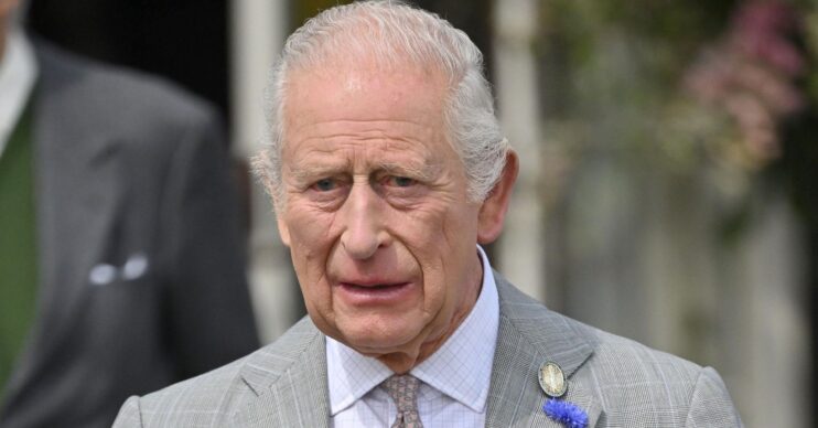 King Charles in grey suit looking worried