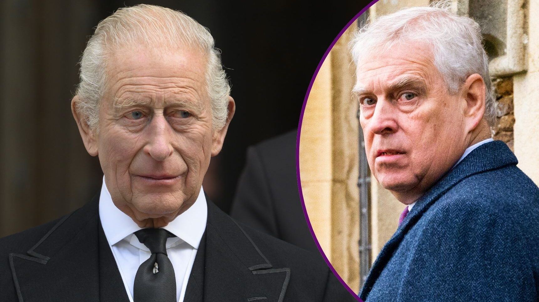 King Charles in black suit looking serious / Andrew Mountbatten-Windsor looking over his shoulder