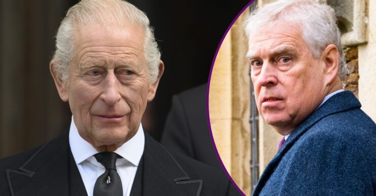 King Charles in black suit looking serious / Andrew Mountbatten-Windsor looking over his shoulder