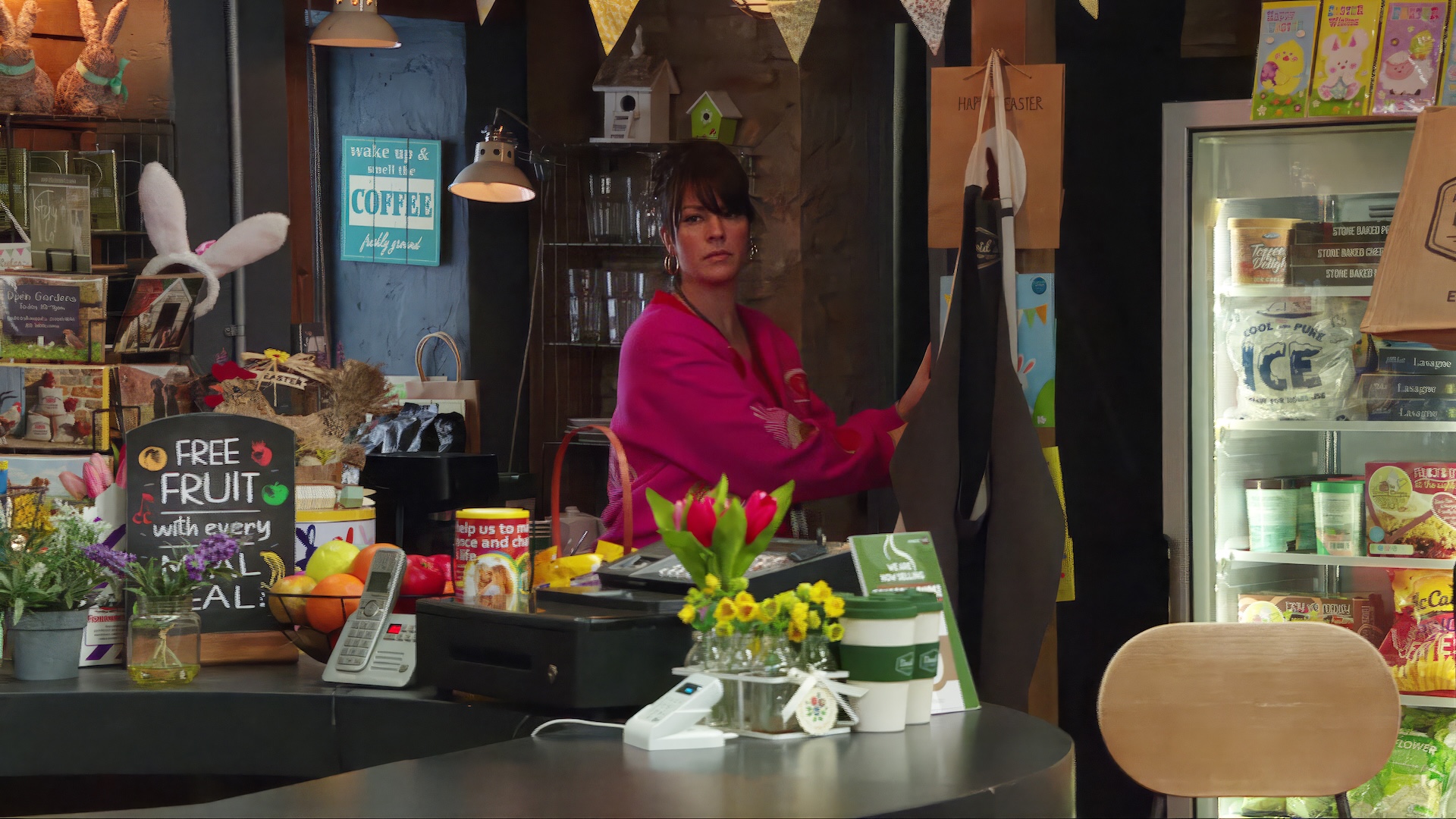 Kerry looks concerned in Pollard's shop