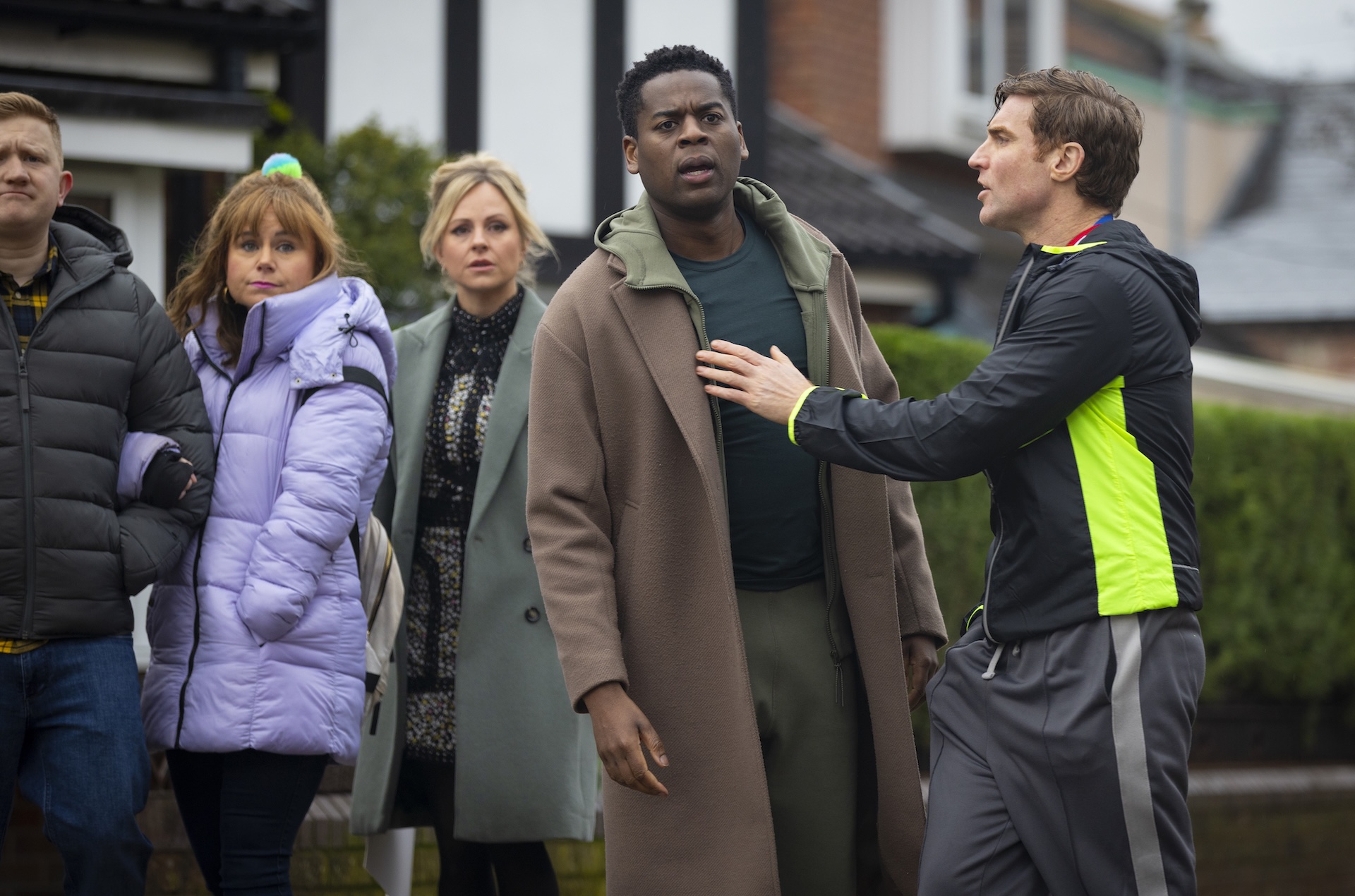 Chesney, Gemma, Sarah, James, Theo walking on the Street
