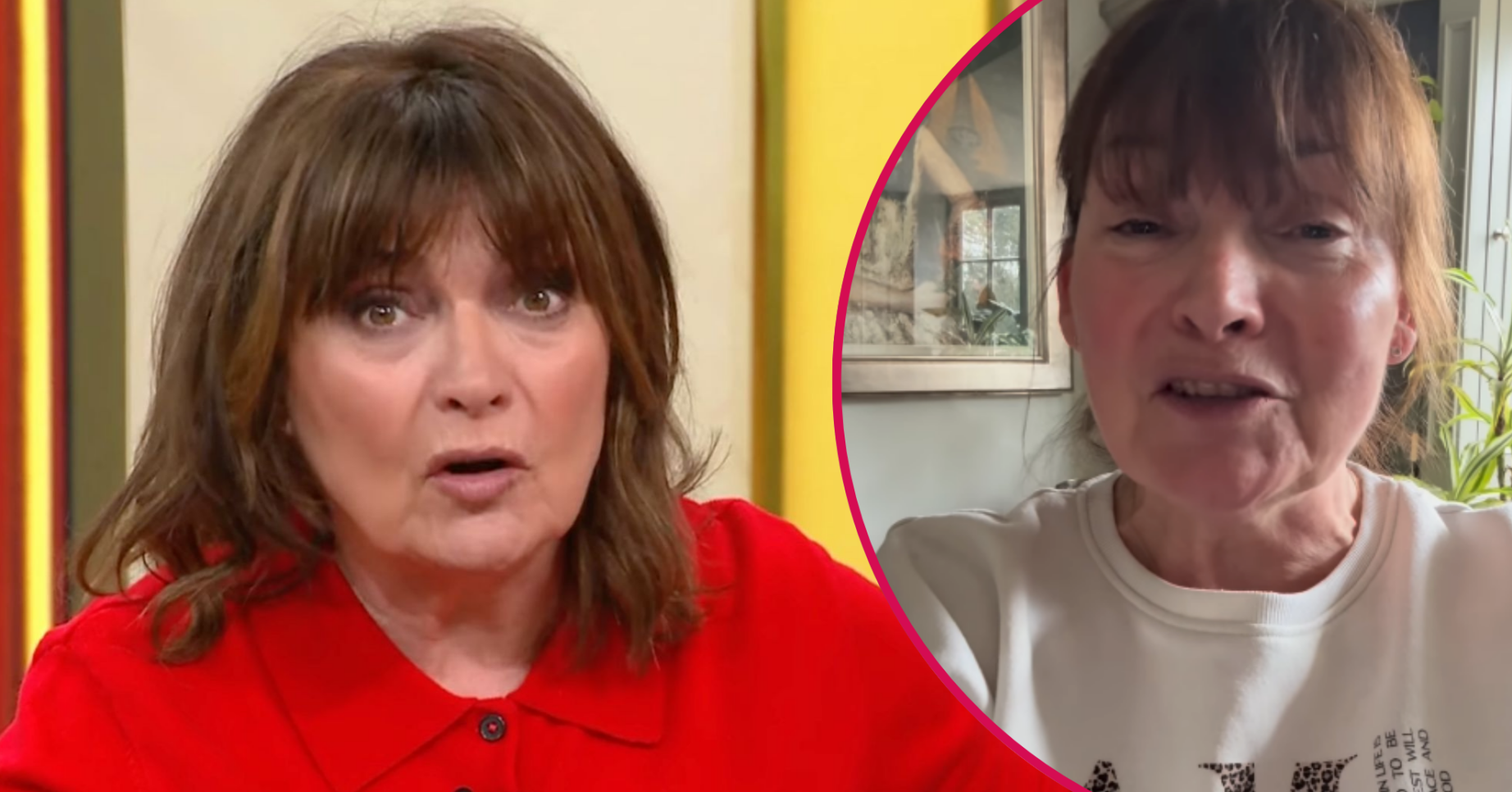 Lorraine Kelly in a red top and speaking on Instagram