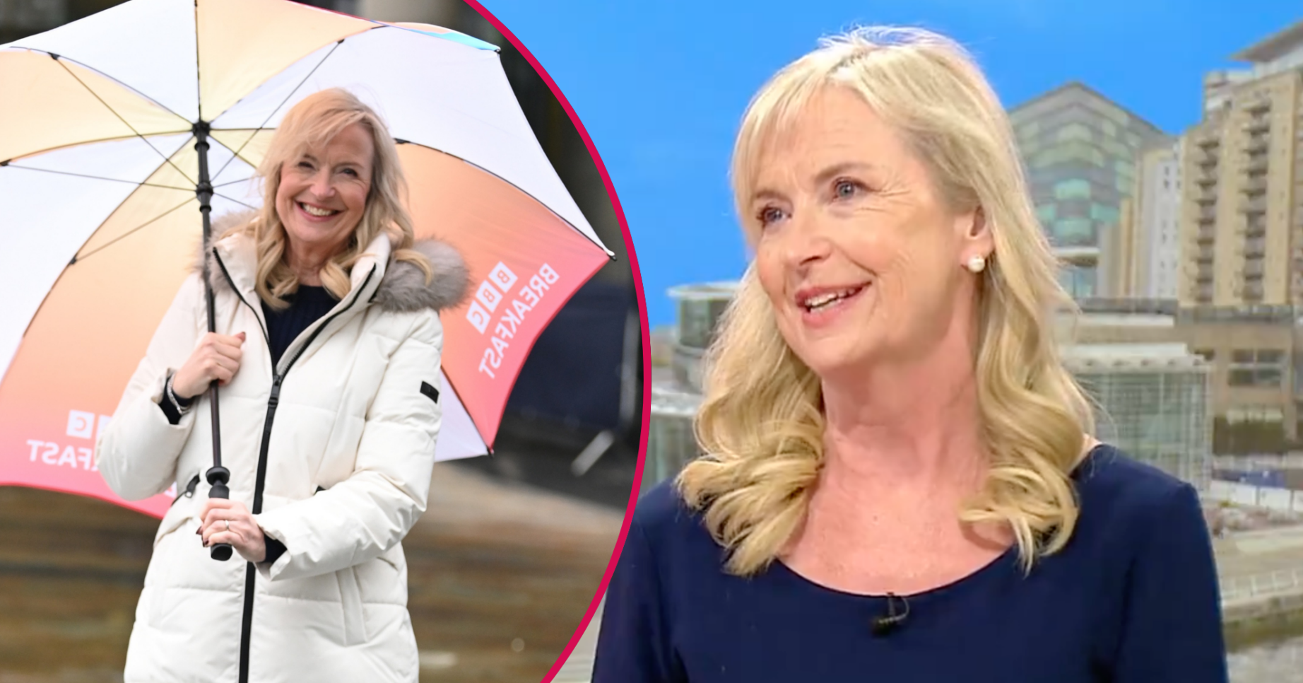 Carol Kirkwood on BBC Breakfast and with an umbrella