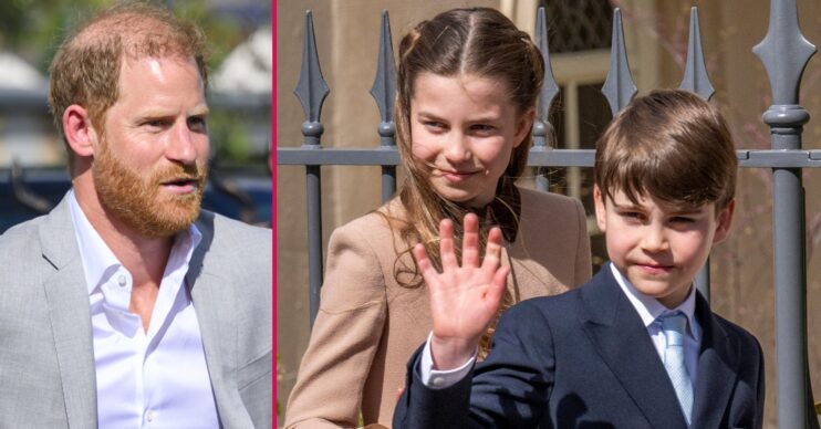 ED composite of Prince Harry in grey blazer and Princess Charlotte and Louis waving and smiling