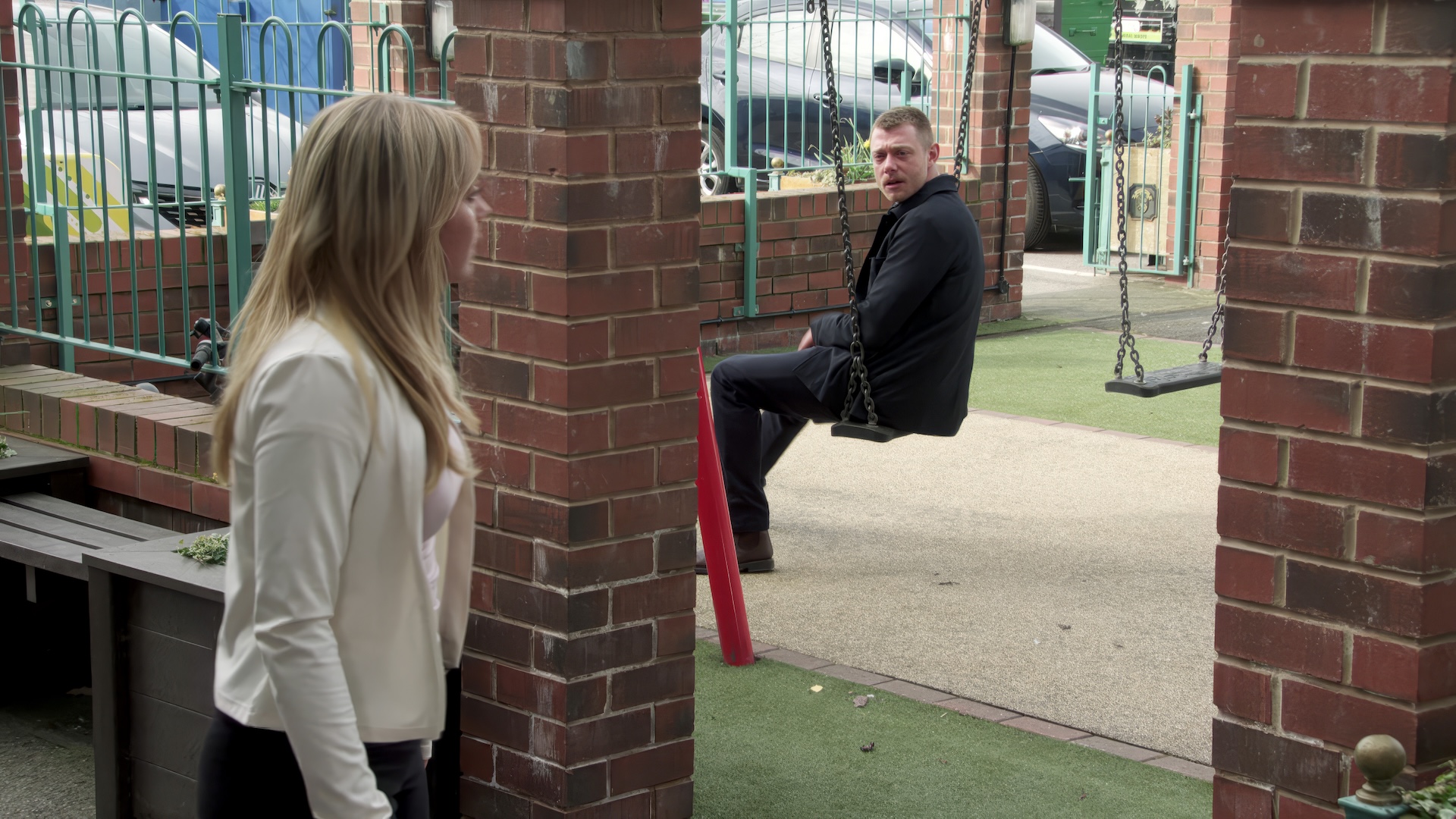 Megan and Daniel talking at the precinct in Coronation Street